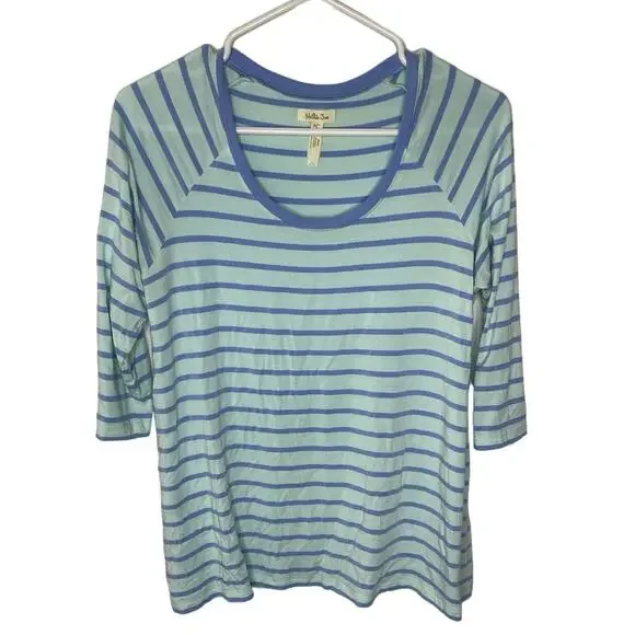 Matilda Jane Womens Small Blue Striped Oversize Tee Top 3/4 Sleeve Scoop Neck - Picture 2 of 6